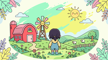 Fototapeta premium Little girl standing in a green meadow looking at a red barn, windmill, and grazing sheep, vector illustration.