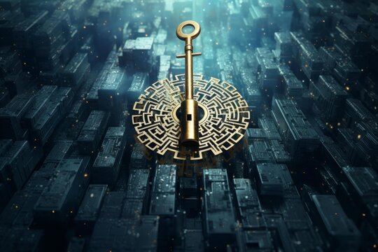 Golden key unlocking circular maze on abstract technological background, symbolizing problem solving, solutions, and access in complex systems
