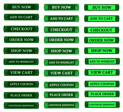 Green Gradient 3D Glossy Capsule Tube Style E-commerce UI Button Collection Buy Now Add to Cart Checkout Order Now Shop Now Wishlist View Cart Apply Coupon Place Order Continue Shopping