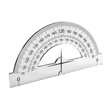 Clear plastic protractor for measuring angles in geometry and mathematics lessons, an essential school supply on white background. on white background