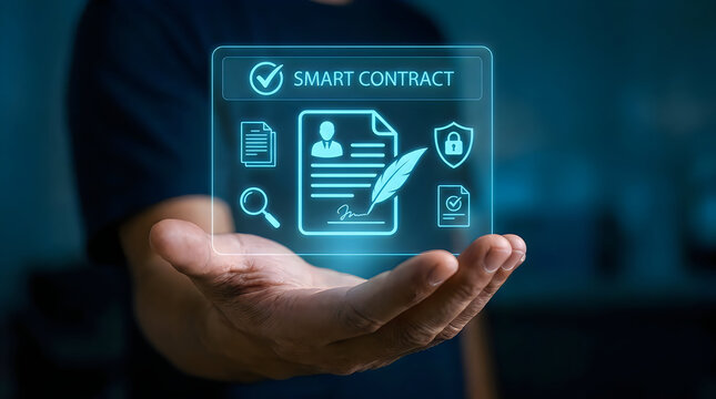 Business person holding a digital hologram showing a smart contract icon with security and legal symbols for blockchain technology concepts