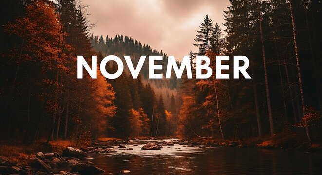 November forest scene with river and autumnal trees landscape