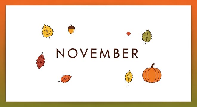 November graphic with autumnal leaves and pumpkin on white background