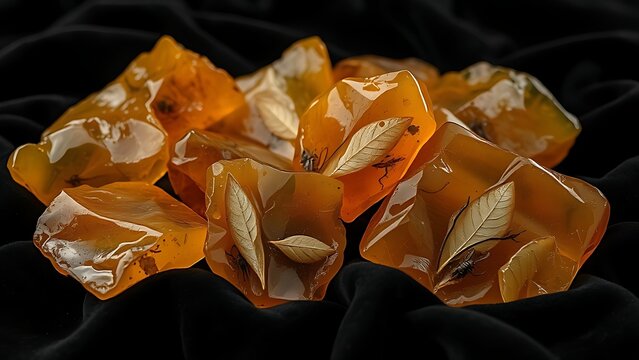 copal. Several raw amber copal resin pieces on black velvet with ancient inclusions. gardening catalogs, home-decor guides, designed for home decor and floral branding, used by video editors.