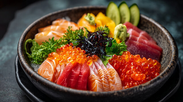 Assortment of fresh sashimi and roe in a bowl with japanese food raw fish appetizer