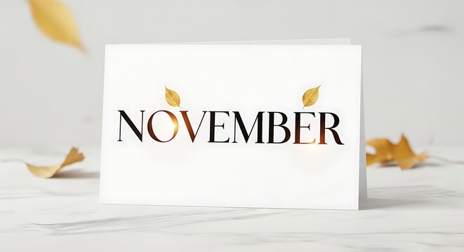 November greeting with autumnal leaves on white background