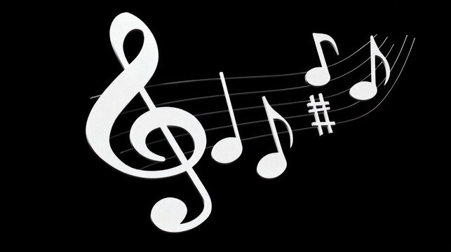 Musical notes and treble clef on a black background