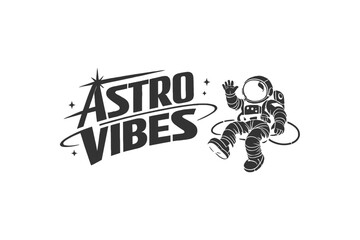 Retro-style graphic featuring an astronaut waving, with bold Astro Vibes text and celestial elements, perfect for t-shirts and posters © DzgnVibe