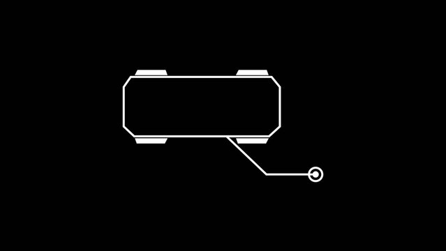 Minimal white sci-fi interface element on black background, horizontal rounded hexagon with connector line ending in small circle