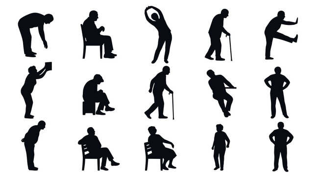 Aging  Wellness: Senior People Silhouettes Vector Icon Set