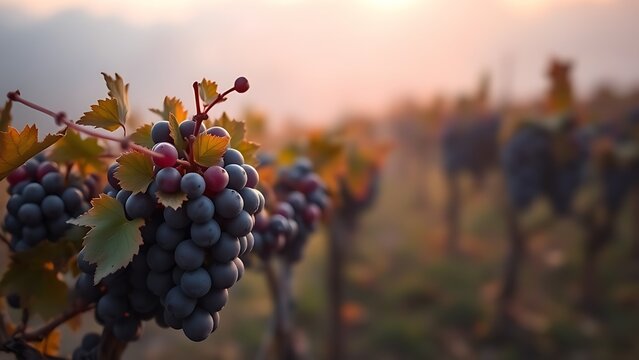 nebbiolo. Ripe purple grape clusters glowing in autumn mist of a vineyard at morning. representing seasonal cycles and harvest abundance.