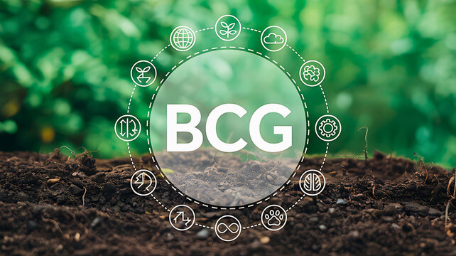 BCG Growth-Share Matrix Icons illustrating business strategies and growth potential with a natural backdrop symbolizing sustainable development and opportunity