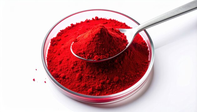 Bright Red Potassium Permanganate Powder in a Petri Dish with a Spoon