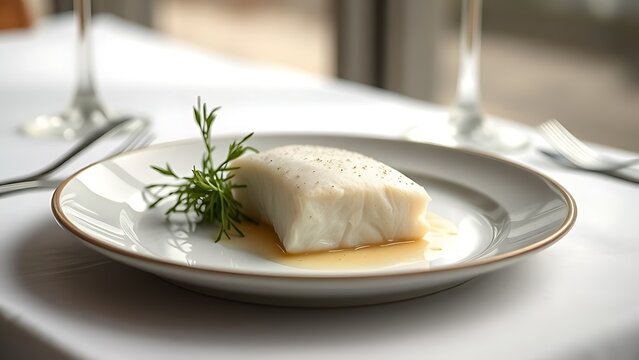 turbot. A white fish fillet on a ceramic plate in a fine dining setting. menu design, packaging mockups, designed for food delivery and cloud-kitchen brand materials, supports restaurant marketing.