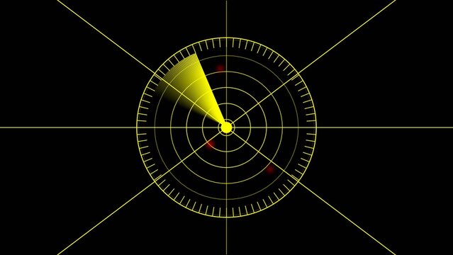 Yellow radar screen interface with sweeping beam on dark background, circular grid, range rings and crosshair lines, technology surveillance concept.