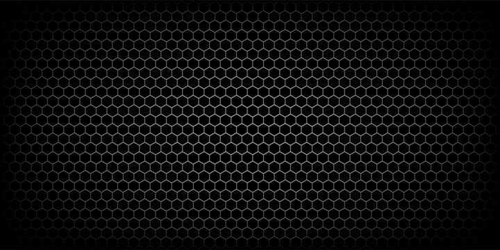 Dark grey abstract wide horizontal banner with hexagon carbon fiber grid and orange luminous lines. Technology vector background with orange neon lines