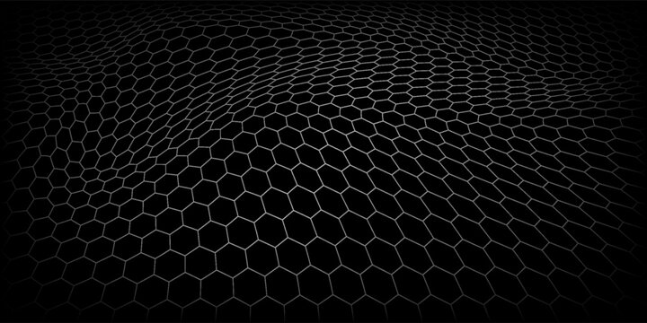 Dark grey abstract wide horizontal banner with hexagon carbon fiber grid and orange luminous lines. Technology vector background with orange neon lines