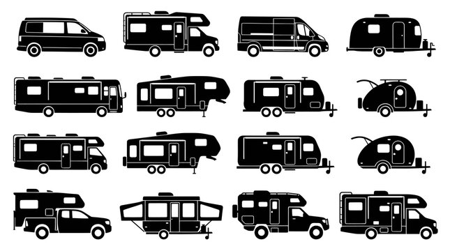 Diverse RV and Camper Van Icons, Black  White Vector Art