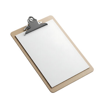 Traditional brown wooden clipboard holding a blank white paper sheet ready for custom text or design on white background. on white background