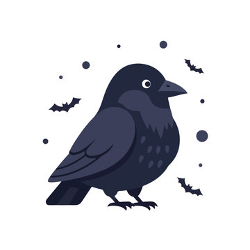 This flat vector illustration features a cute, dark blue crow surrounded by tiny bats and floating circles on a plain white background.