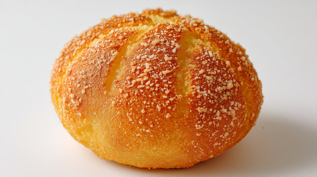 Crusty golden bread roll sprinkled with seeds on white background, bread making