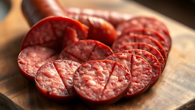 mettwurst. Sliced dark red mettwurst sausage with glistening fat on a rustic wooden cutting board. menu design, packaging mockups, designed for culinary blogs and recipe cards for restaurants.
