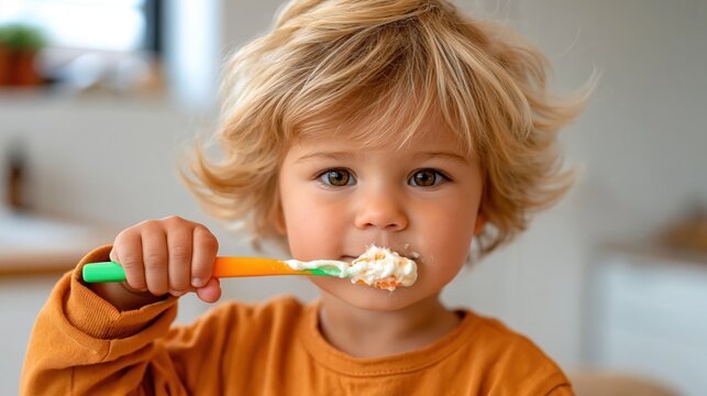 A cheerful child brushes his teeth with enthusiasm, highlighting the joy of everyday routines, innocence of childhood, and the importance of dental hygiene in a fun way.