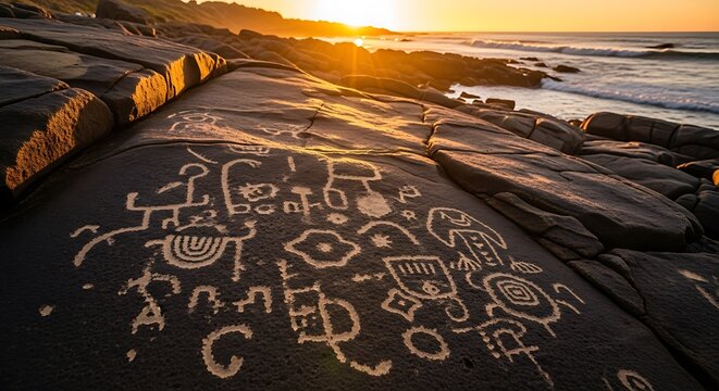 Rock Carvings at Sunset.