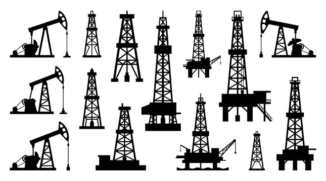 Oil Rig and Pumpjack Silhouettes: Industry Icons in Black and White Vector Art