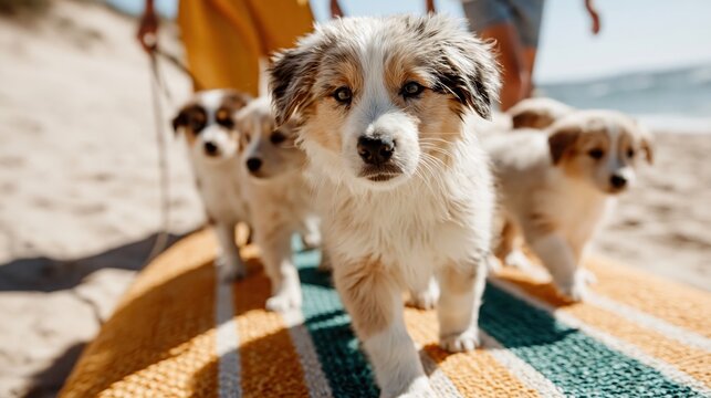 A playful group of adorable puppies wander onto a colorful blanket laid out on the beach, delighting onlookers with their innocent charm and playful antics in the summer sun.