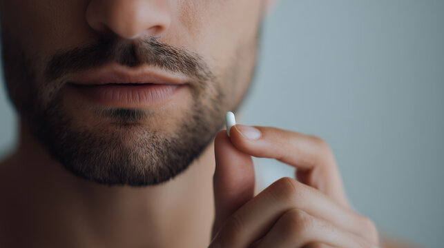 Close up of bearded man holding minoxidil pill for hair growth treatment and male grooming concept. 