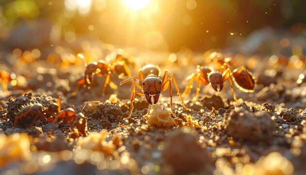 Close-up of a busy ant colony foraging for food in warm, golden sunlight illuminating the ground