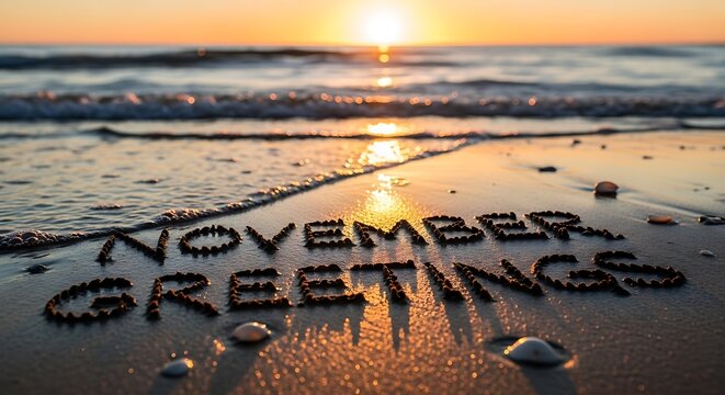 November greetings written in sand at sunset over ocean