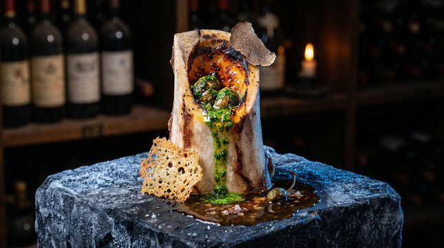 Roasted marrow bone with herb gremolata and black truffle in wine cellar.