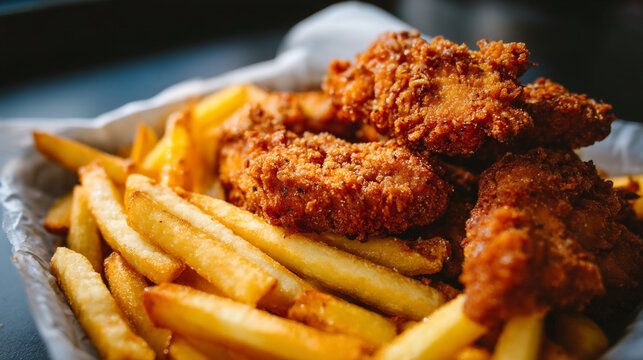 Close-up of crispy fried chicken pieces and french fries in a basket with fast food