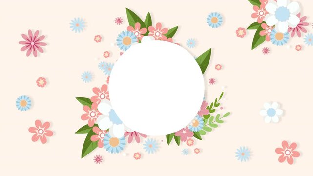 Horizontal 4K animation Beige background White circular card appearing in center Copy space Flowers emerging around it Elegant floral motion design For invitations, social media visuals Greeting card