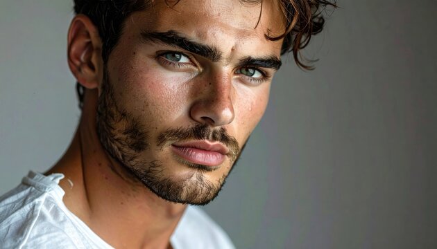 Close-up portrait of a handsome young man with striking blue-green eyes and light stubble