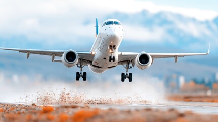 Fototapeta premium An airplane lifts off the runway, soaring into the expansive blue sky, capturing the magic of aviation and the adventure of travel filled with hope and excitement.