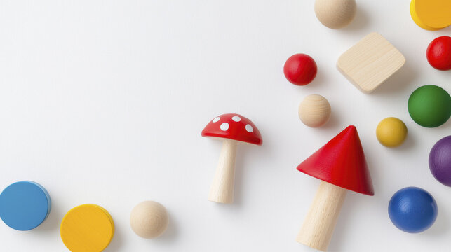 Colorful wooden toys arranged white background, featuring various shapes and sizes, including mushrooms and geometric forms