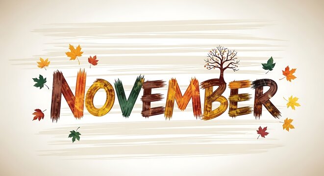 November illustration with leaves and tree element for seasonal design