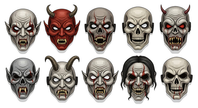 Collection of ten halloween masks featuring skulls devils and vampires with various terrifying expressions ai generated