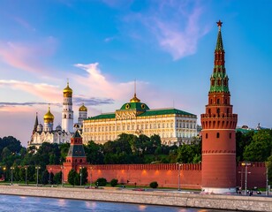 Fototapeta premium Moscow's Kremlin complex with golden domes and towers along riverbank against a colorful, evening sky