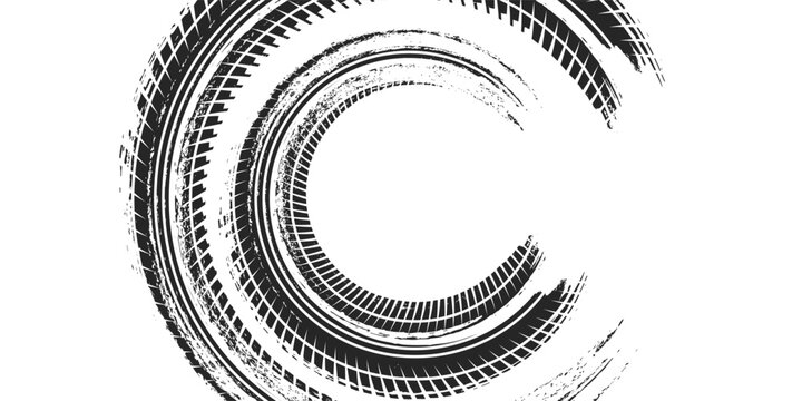 Tire track. Car, bike, motorcycle tyre mark with grunge effect isolated on white background.