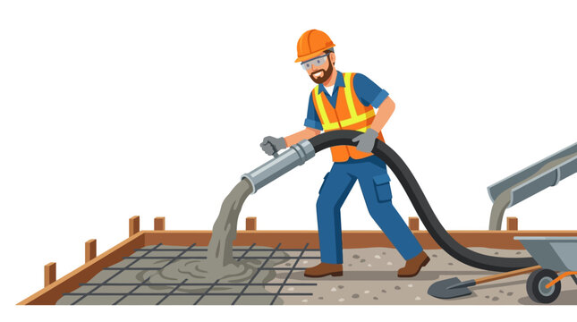 Construction worker pouring concrete on building site foundation