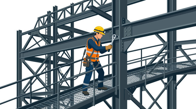 Construction worker in safety gear on steel structure with tools