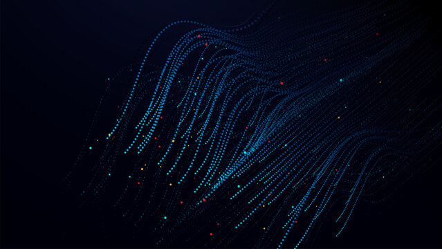 Dark blue light trails dance across the black canvas. Particles glow, swirl, and move like liquid energy