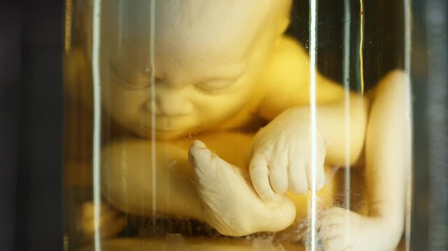 Exhibition of anatomical exhibits. A human infant with the pathological development of anencephaly