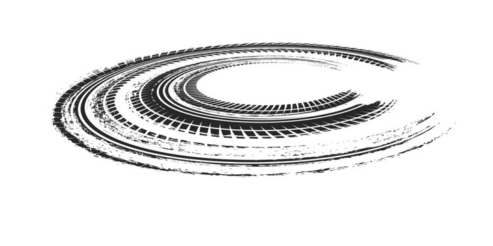 Tire track. Car, bike, motorcycle tyre mark with grunge effect isolated on white background.