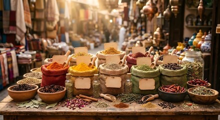 Fototapeta premium Abundant Spice Display in Labeled Sacks at an Outdoor Market
