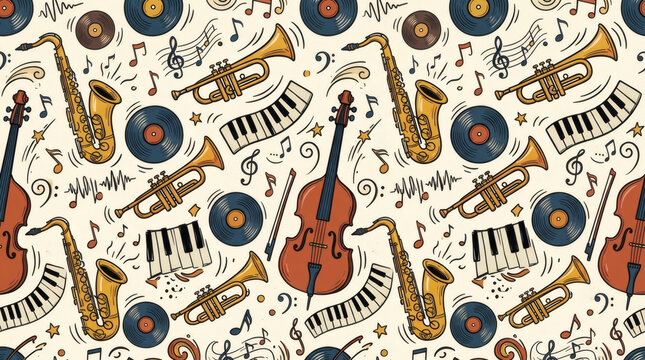 Seamless doodle pattern of jazz music elements. Saxophones, trumpets, double bass, piano keys, vinyl records and notes in playful hand drawn style, retro vibe